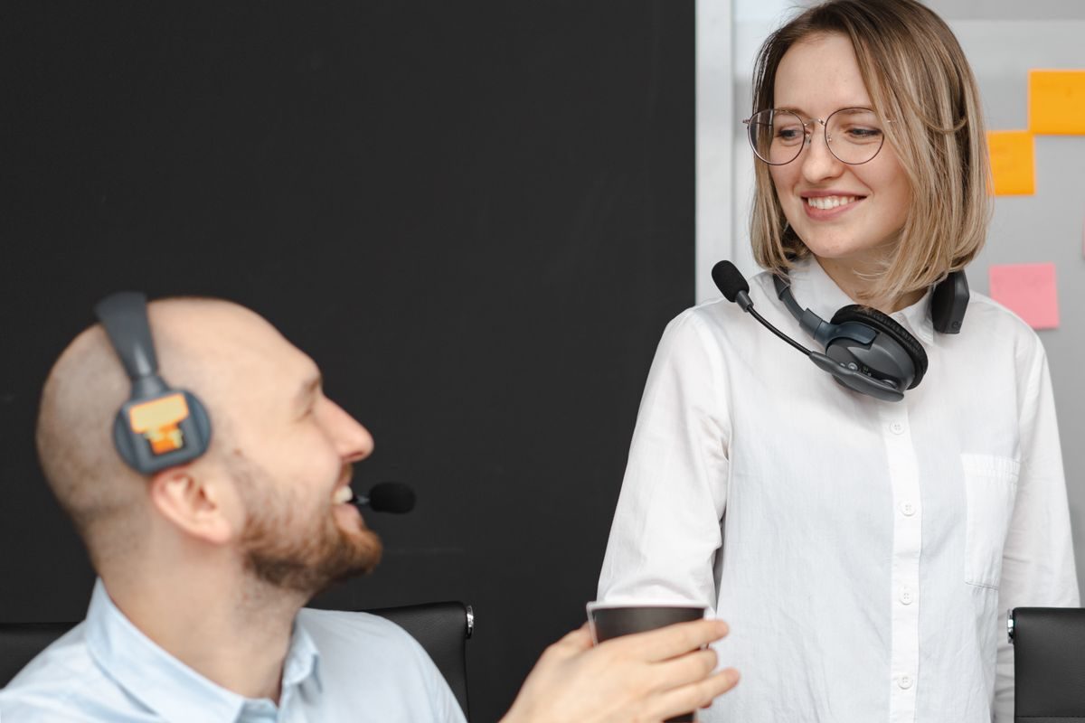 Colleagues smiling during a meeting
